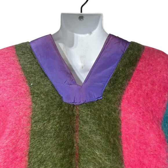 Vintage Mexican Wool Poncho Striped Boho Festival Coastal Cowgirl Fringe - Picture 2 of 6